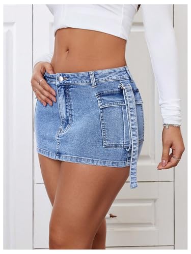 Women's Low Rise Button Stretch Y2k Bodycon Mini Denim Skirt with Pockets