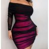411Yk1vLLNL.jpg Women's Plus Size Off Shoulder Ruched Bodycon Dress Long Sleeve Mesh Mini Pencil Dresses