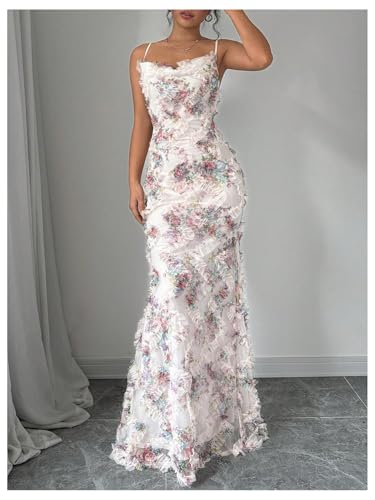 Women's Floral Mesh Bodycon Maxi Dress Frill Trim Sleeveless Fishtail Cami Dresses