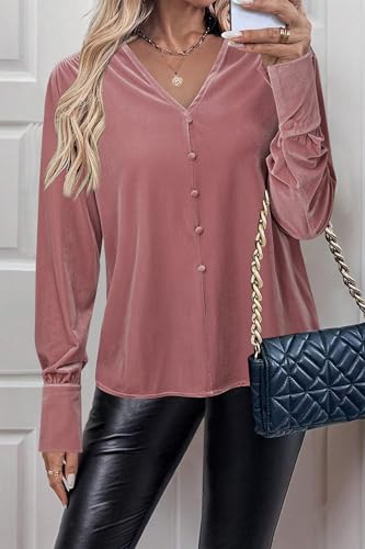 4125xtCn9vL.jpg Women's Velvet Smocked Dressy Casual Fall Outfits Long Sleeve Button Down Shirts Business Work Tops Trendy