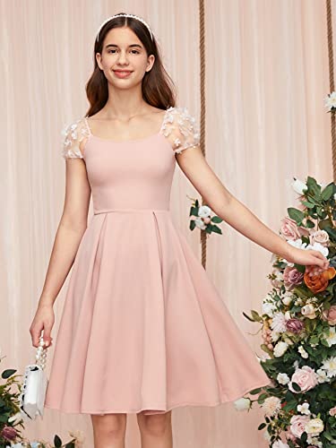 4126lQiV1GL.jpg Girl's Appliques Mesh Puff Sleeve Square Neck Ruffle Hem Dress