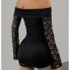 Women's Lace Off Shoulder Bodycon Mini Dress Ruched Long Bell Sleeve Dresses