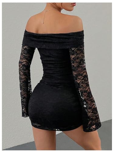 Women's Lace Off Shoulder Bodycon Mini Dress Ruched Long Bell Sleeve Dresses