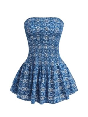 Women's Boho Print Strapless Mini Dress Smocked Ruffle Tiered A Line Tube Dress
