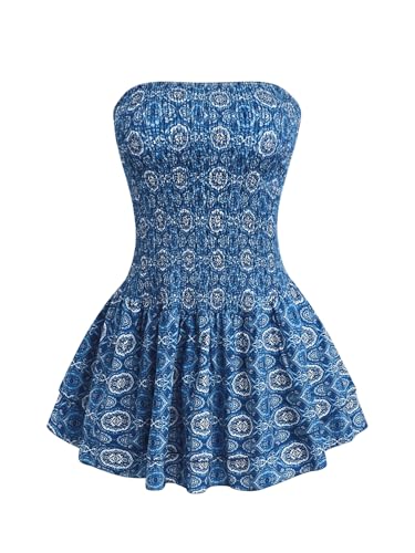 412BoavBWL.jpg Women's Boho Print Strapless Mini Dress Smocked Ruffle Tiered A Line Tube Dress