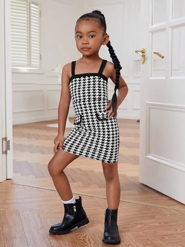 Girl's 2 Piece Outfits Houndstooth Print Double Button Long Sleeve Jacket and Cami Dress Set