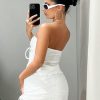 Women's 2 Piece Outfits Strapless Drawstring Front Ruched Crop Tube Top and Bodycon Skirt Set