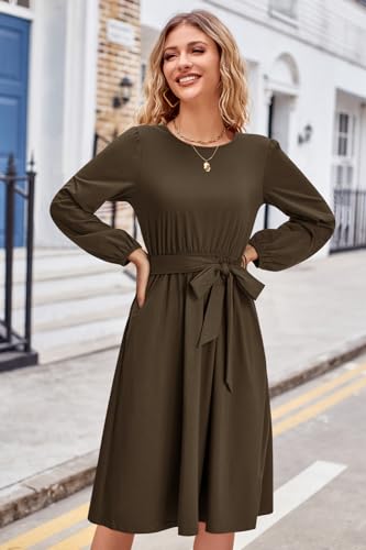 Womens Long Sleeve Casual Dresses 2025 Business Work Teacher Fall Church Belted A Line Flowy Midi Dress