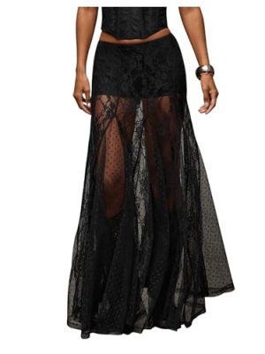 Women's Sexy See Through Sheer Lace Maxi Skirt Low Waist Ruffle Hem A Line Flowy Skirt