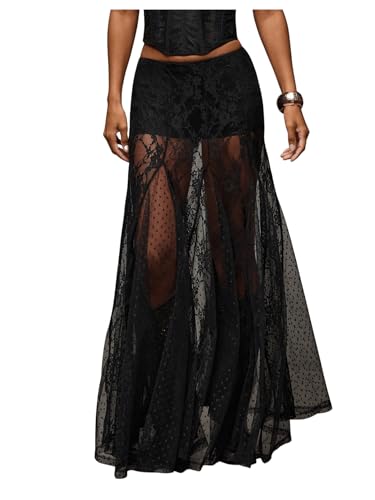 413BfSDmvIL.jpg Women's Sexy See Through Sheer Lace Maxi Skirt Low Waist Ruffle Hem A Line Flowy Skirt