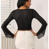 Women's Long Sleeve Front Tie Top Sexy Mesh Bell Sleeve Shirt