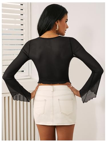 Women's Long Sleeve Front Tie Top Sexy Mesh Bell Sleeve Shirt