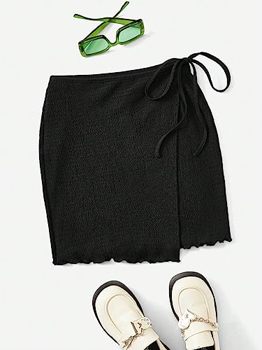 Women's Cover Up Wrap Skirt High Waisted Knot Side Asymmetrical Wrap Skirt Split Lettuce Trim Beach Mini Skirt