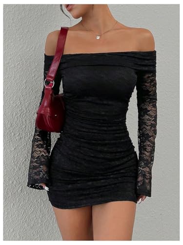 Women's Lace Off Shoulder Bodycon Mini Dress Ruched Long Bell Sleeve Dresses