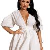 413y8cWqUL.jpg Women's Deep V Neck Puff Sleeve High Rise Flare Dress Elastic Waist Dress