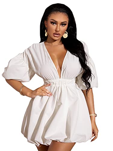 413y8cWqUL.jpg Women's Deep V Neck Puff Sleeve High Rise Flare Dress Elastic Waist Dress