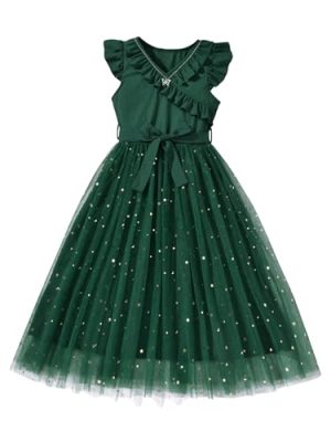 Girl's V Neck Ruffle Sleeve A Line Dress High Waist Mesh Tulle Dress