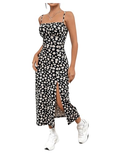 414GOkPBoKL.jpg Women's Floral Print Split Thigh Midi Cami Dress Square Neck High Waist Slim Fit Summer Dress