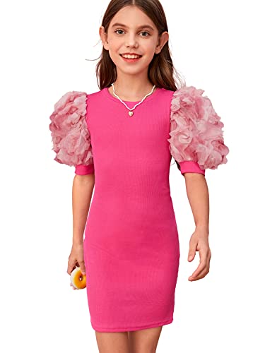 Girl's Ribbed Mesh Short Puff Sleeve Cute Birthday Party Pencil Mini Dress