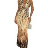 Women's Deep Cowl Neck Halter Dress Sleeveless Tie Backless Bodycon Animal Print Maxi Dress