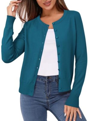 Women's Lightweight Button Down Cardigan Long Sleeve Casual Crew Neck Soft Knit Cardigans Sweater Tops