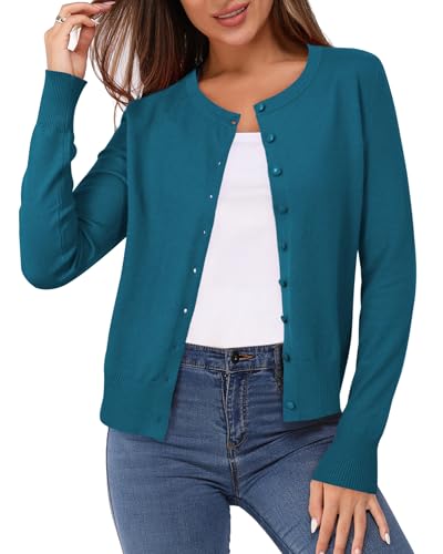 Women's Lightweight Button Down Cardigan Long Sleeve Casual Crew Neck Soft Knit Cardigans Sweater Tops
