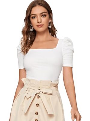 Women's Puff Sleeve Square Neck Short Sleeve Elegant Tee Top