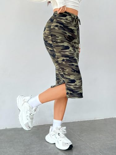 415OfJ1KcoL.jpg Women's Camo Print High Waist Skinny Midi Skirts Split Side Drawstring Waist Hip Skirt