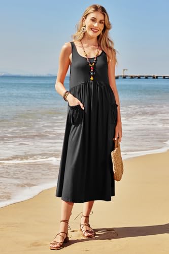 415ZIE6CRL.jpg Women's 2024 Summer Sundresses Casual Beach Vacation Outfits Long Flowy Sleeveless Tank Maxi Dress with Pockets