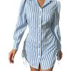 Women's Striped Button Down Drawstring Side Dress Long Sleeve Collared Smocked Shirt Dresses
