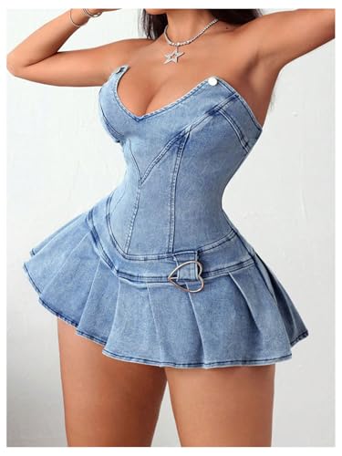 416ibRJL2WL.jpg Women's Strapless Pleated Mini Denim Dress Party Club Corset Tube Dresses