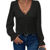Women's Swiss Dots Lace Trim Blouse V Neck Long Sleeve Top