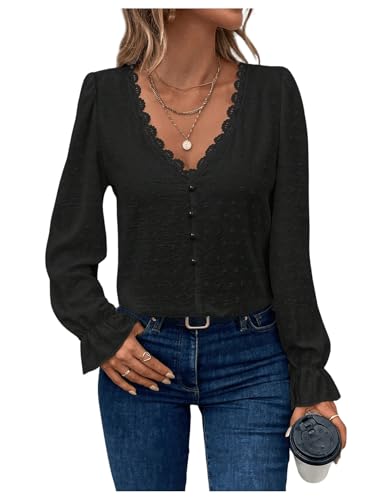 Women's Swiss Dots Lace Trim Blouse V Neck Long Sleeve Top