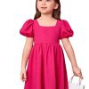 417M6WxL3L.jpg Toddler Girl's Square Neck Short Puff Sleeve A Line Flared Tie Back Cute Mini Dress