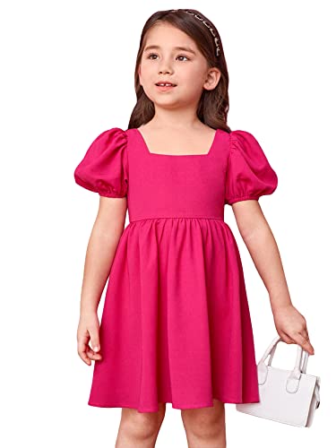 417M6WxL3L.jpg Toddler Girl's Square Neck Short Puff Sleeve A Line Flared Tie Back Cute Mini Dress