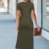 Women 2025 Summer Casual Dress Tie Waist T Shirt Short Sleeve Beach Crew Neck Slit Maxi Trendy