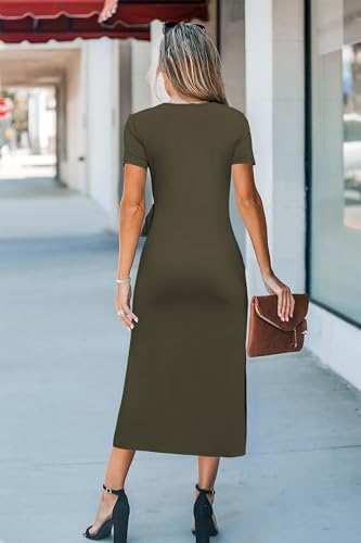 Women 2025 Summer Casual Dress Tie Waist T Shirt Short Sleeve Beach Crew Neck Slit Maxi Trendy