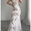 Women's Floral Mesh Bodycon Maxi Dress Frill Trim Sleeveless Fishtail Cami Dresses