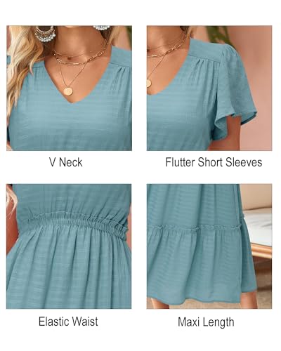 Women's 2025 Summer Boho Maxi Dresses Flutter Short Sleeve V Neck Casual Beach Wedding Guest Vacation Long Dress