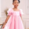 4183Nntt5sL.jpg Girl's Mesh Short Puff Sleeve Square Neck High Waist Flared Hem Zipper A Line Dress