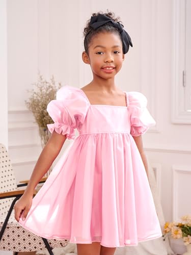 4183Nntt5sL.jpg Girl's Mesh Short Puff Sleeve Square Neck High Waist Flared Hem Zipper A Line Dress