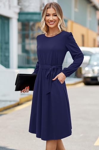 418AnnwoBeL.jpg Womens Long Sleeve Casual Dresses 2025 Business Work Teacher Fall Church Belted A Line Flowy Midi Dress