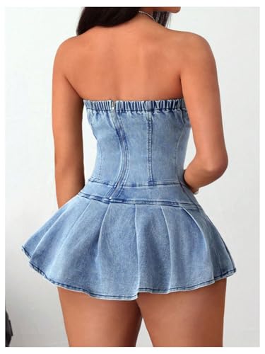 418Mks4utuL.jpg Women's Strapless Pleated Mini Denim Dress Party Club Corset Tube Dresses