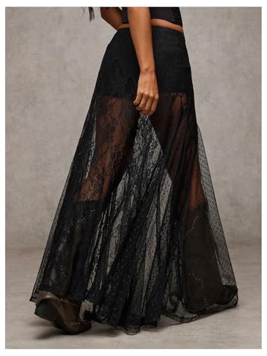 418OcavpoYL.jpg Women's Sexy See Through Sheer Lace Maxi Skirt Low Waist Ruffle Hem A Line Flowy Skirt