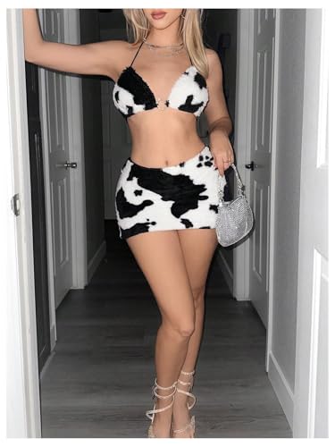 Women's Cow Print Fuzzy Bodycon Mini Skirt Sexy Low Rise Skirts
