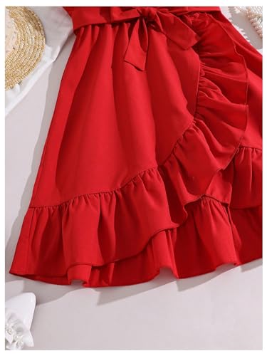 418zmgnYRtL.jpg Girl's Ruffle Trim Wrap V Neck Sleeveless Dress Party Belted A Line Dresses