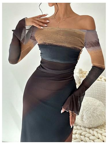 Women's Off Shoulder Long Bell Sleeve Dress Printed Ruched Dresses