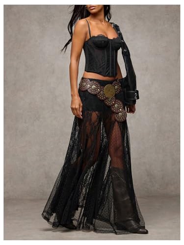 419LzEODe8L.jpg Women's Sexy See Through Sheer Lace Maxi Skirt Low Waist Ruffle Hem A Line Flowy Skirt