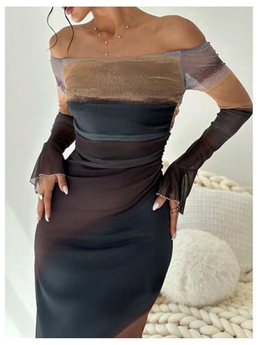 Women's Off Shoulder Long Bell Sleeve Dress Printed Ruched Dresses