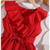 419tQ1Xc1SL.jpg Girl's Ruffle Trim Wrap V Neck Sleeveless Dress Party Belted A Line Dresses